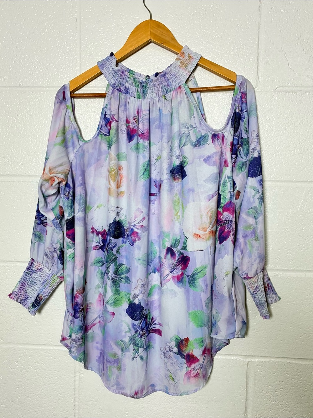 Torrid georgette purple cold shoulder smocked high neck top